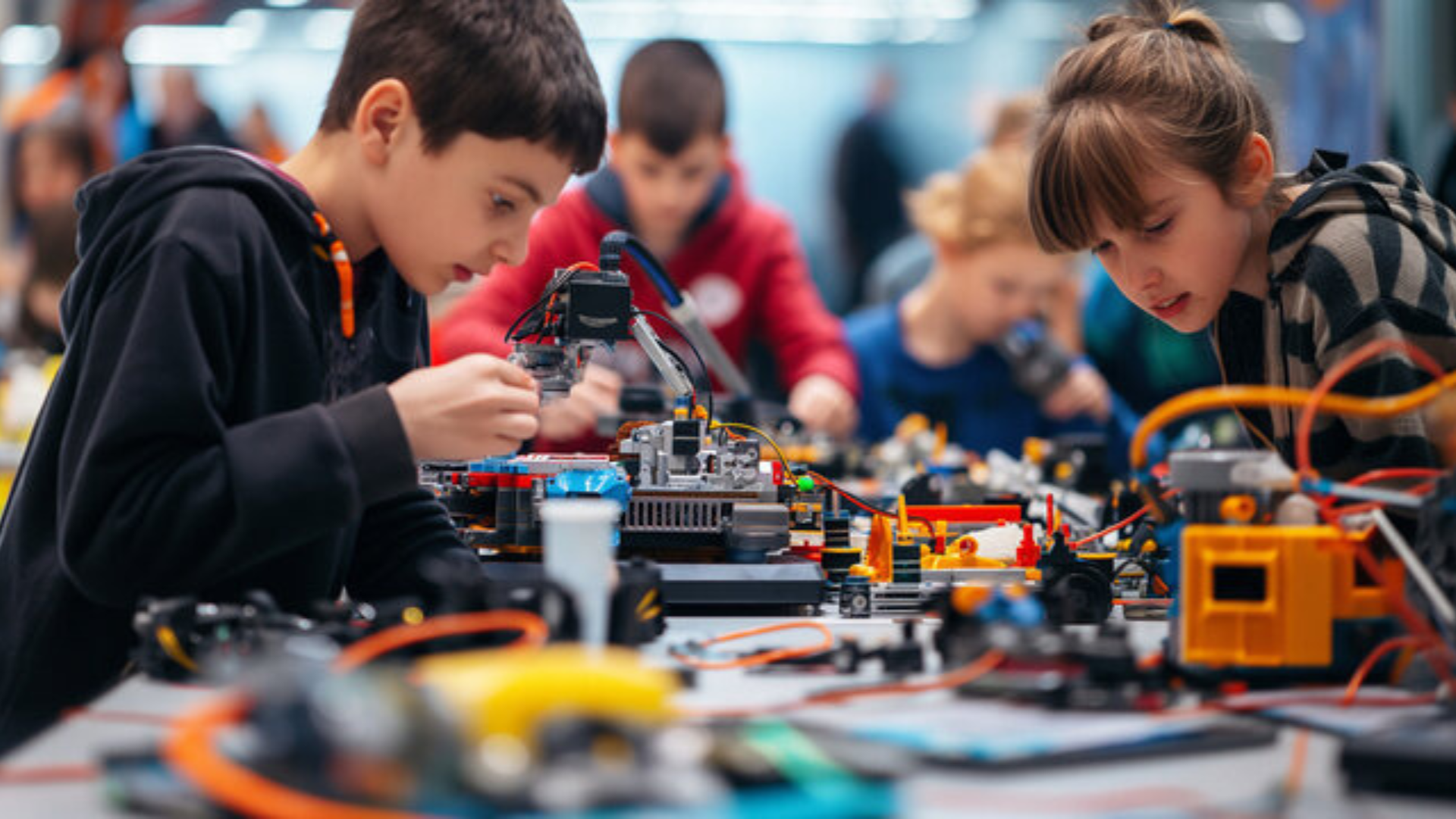 Kids working with electronics and robotics